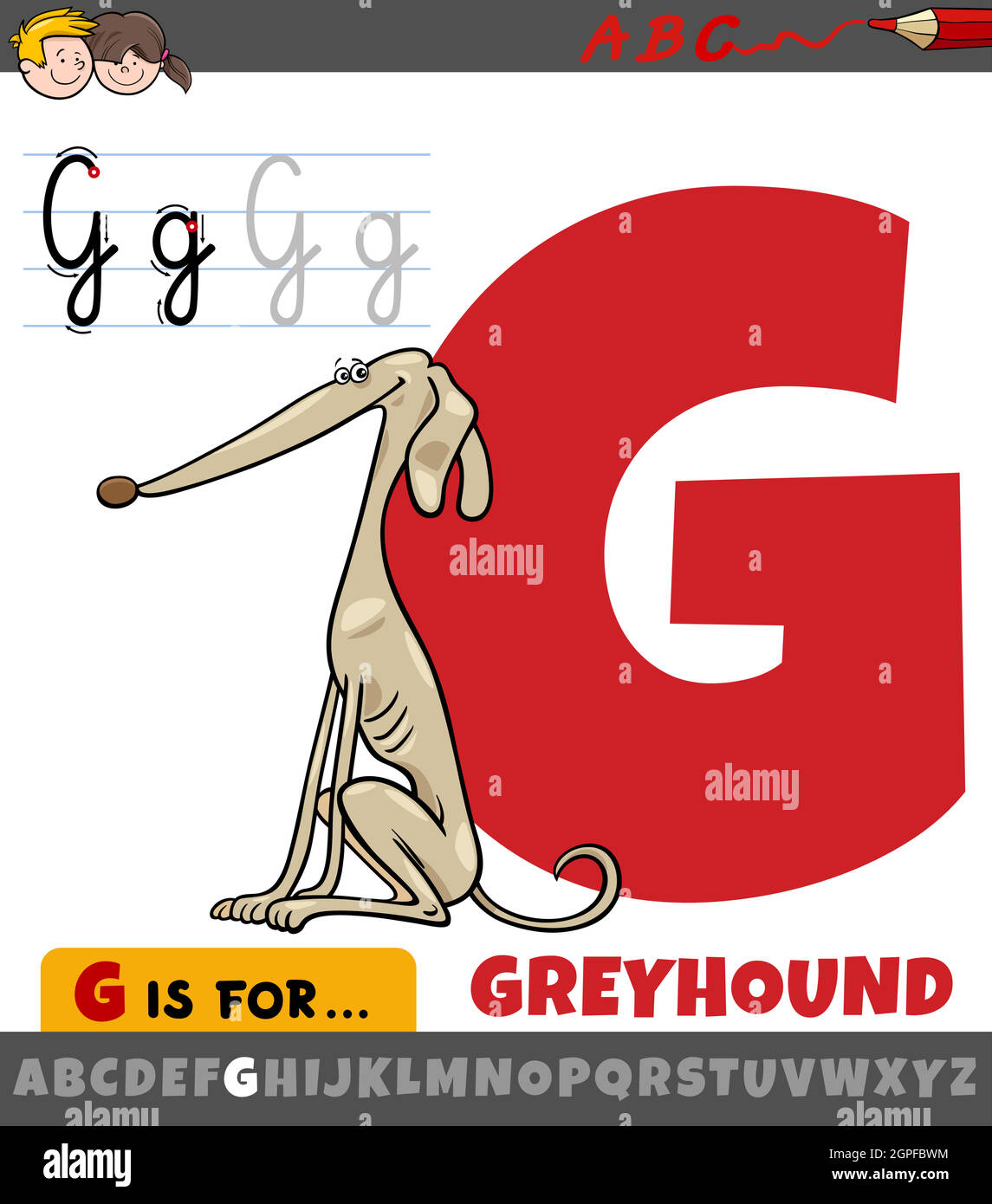 Lettre G de l'alphabet avec le chien de la bande dessinée greyhound Illustration de Vecteur