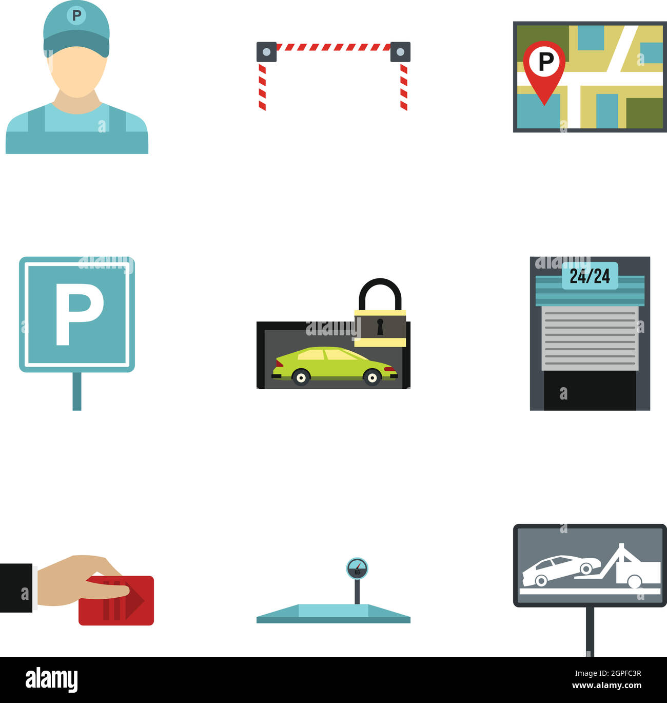 Les icônes de la zone de parking, jeu de style plat Illustration de Vecteur