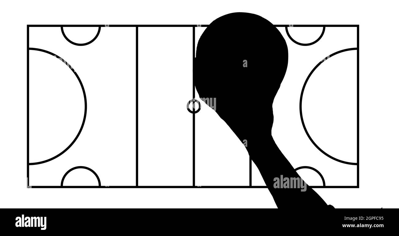 Silhouette de la main du joueur de handball contre disposition du terrain de handball sur fond blanc Banque D'Images