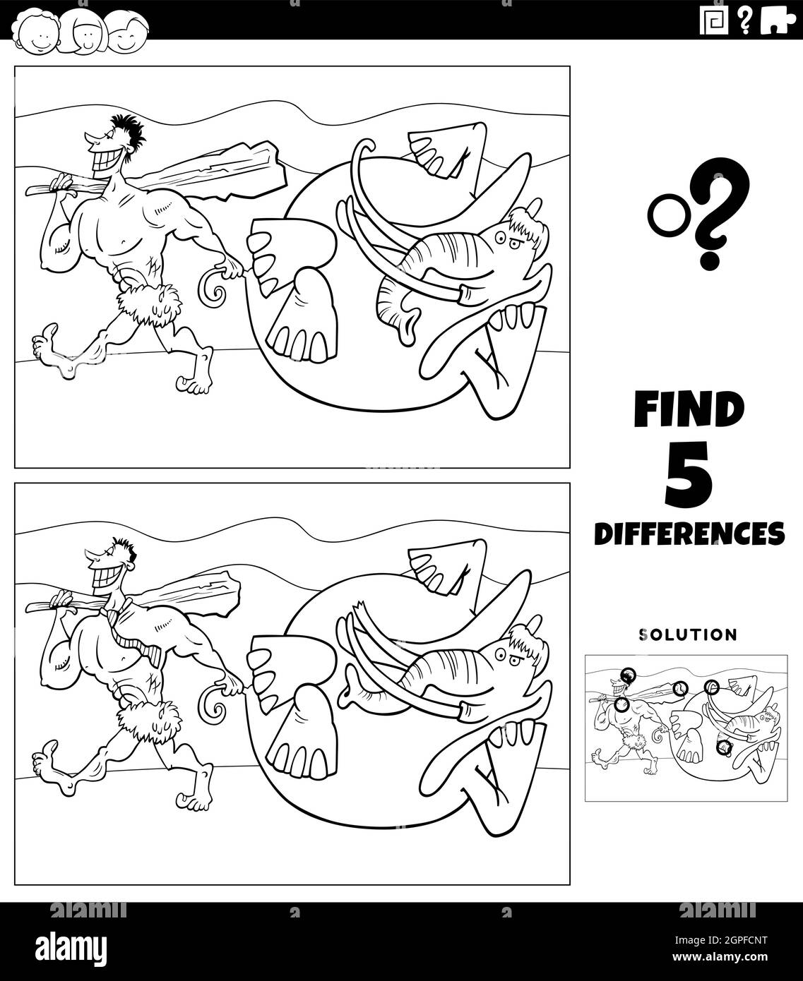 jeux de différences avec caveeman et mammoth coloriage page de livre Illustration de Vecteur