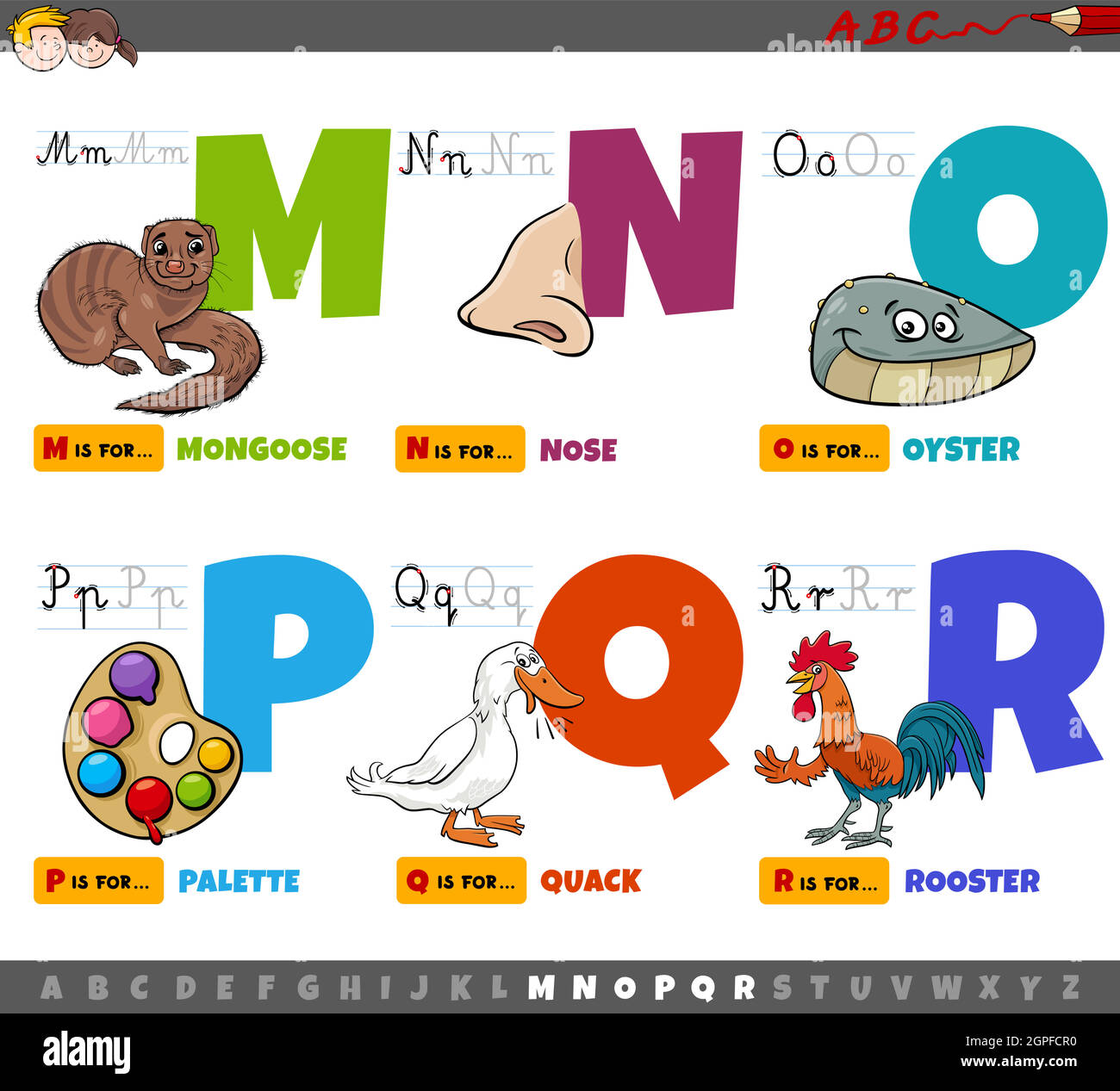 Lettres de l'alphabet de dessin animé éducatif pour les enfants de M à R. Illustration de Vecteur