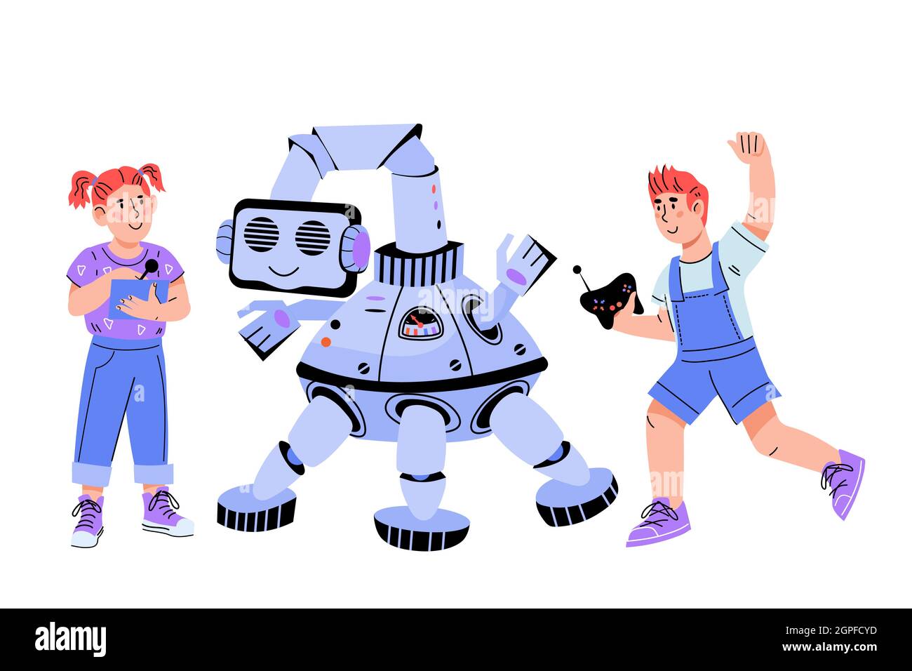 La robotique avec des enfants intelligents qui conçoivent des robots électroniques. Les enfants explorent et créent des jouets intelligents, illustration vectorielle plate isolée sur blanc. Enfants pr Illustration de Vecteur