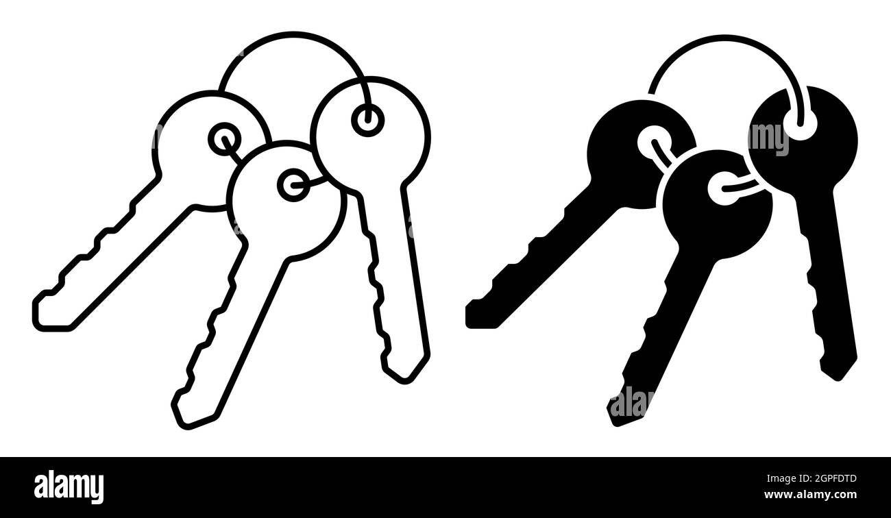 Icône linéaire. Ensemble de clés sur l'anneau de l'écluse de la porte d'entrée du bâtiment résidentiel. Clé à poignée ronde. Simple vecteur noir et blanc isolé sur blanc Illustration de Vecteur