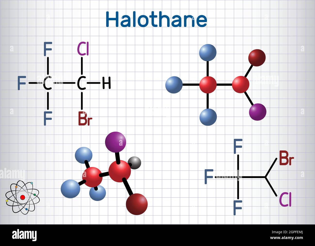 Molécule de médicament anesthésique général à l'halothane. Formule ...
