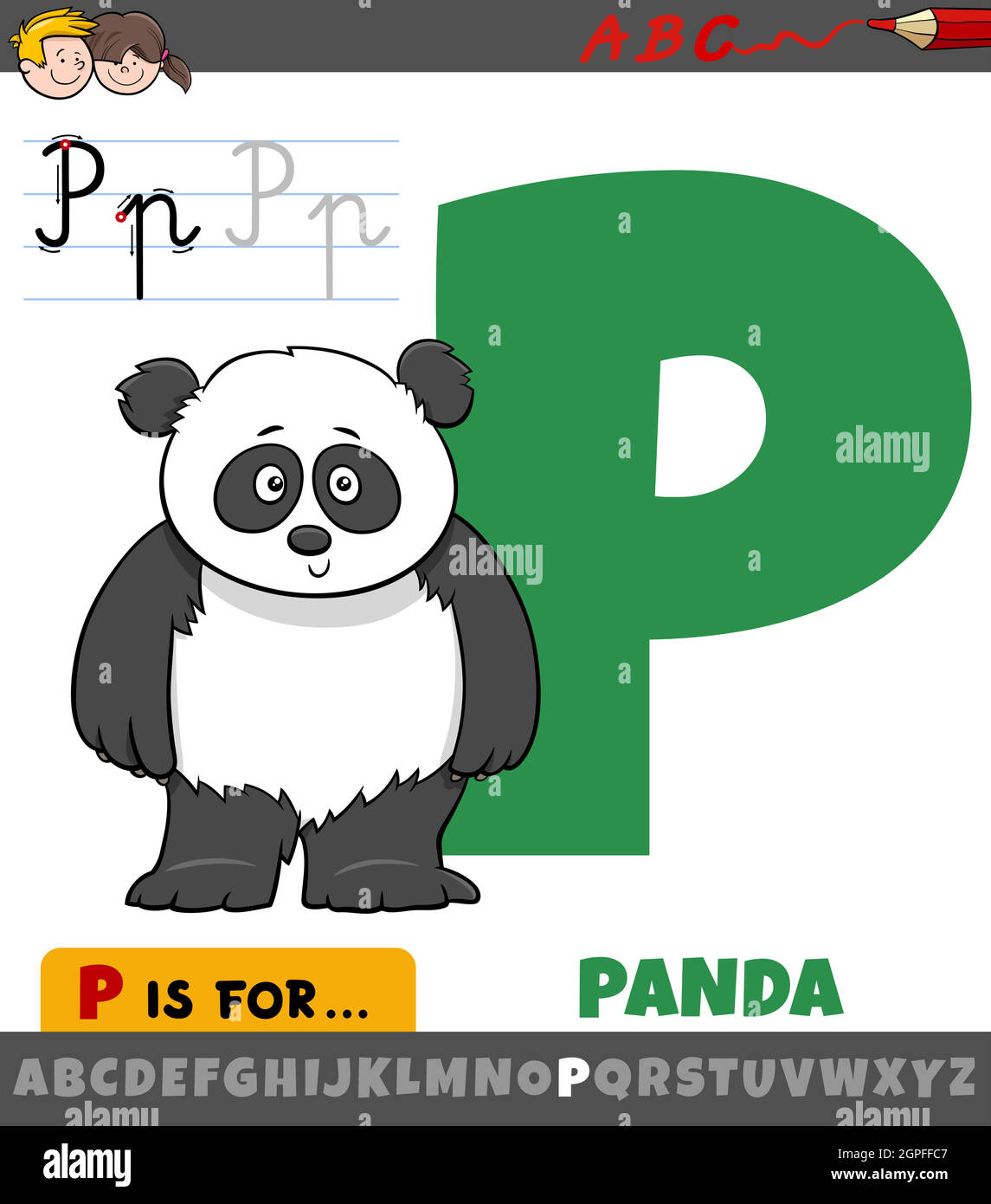 Lettre P de l'alphabet avec le caractère animal panda Illustration de Vecteur