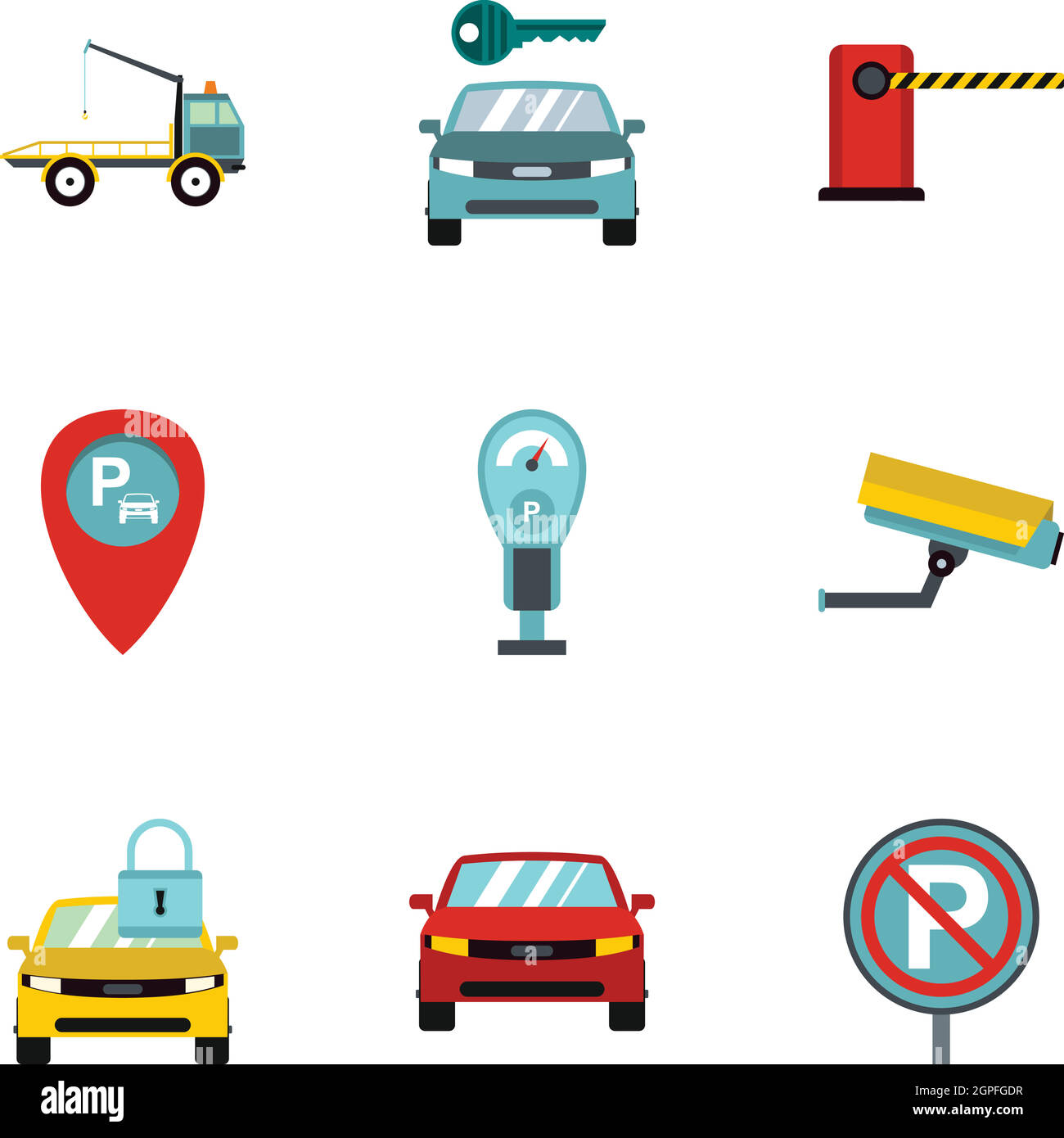 Les icônes de la zone de parking, jeu de style plat Illustration de Vecteur