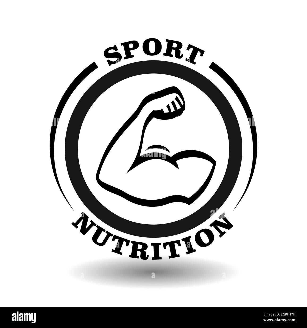 Logo rond créatif Nutrition sportive avec icône de bras masculin de muscle, signe d'épaule fort, pictogramme de main d'homme sportif pour le symbole de repas sain, foo sportif Illustration de Vecteur