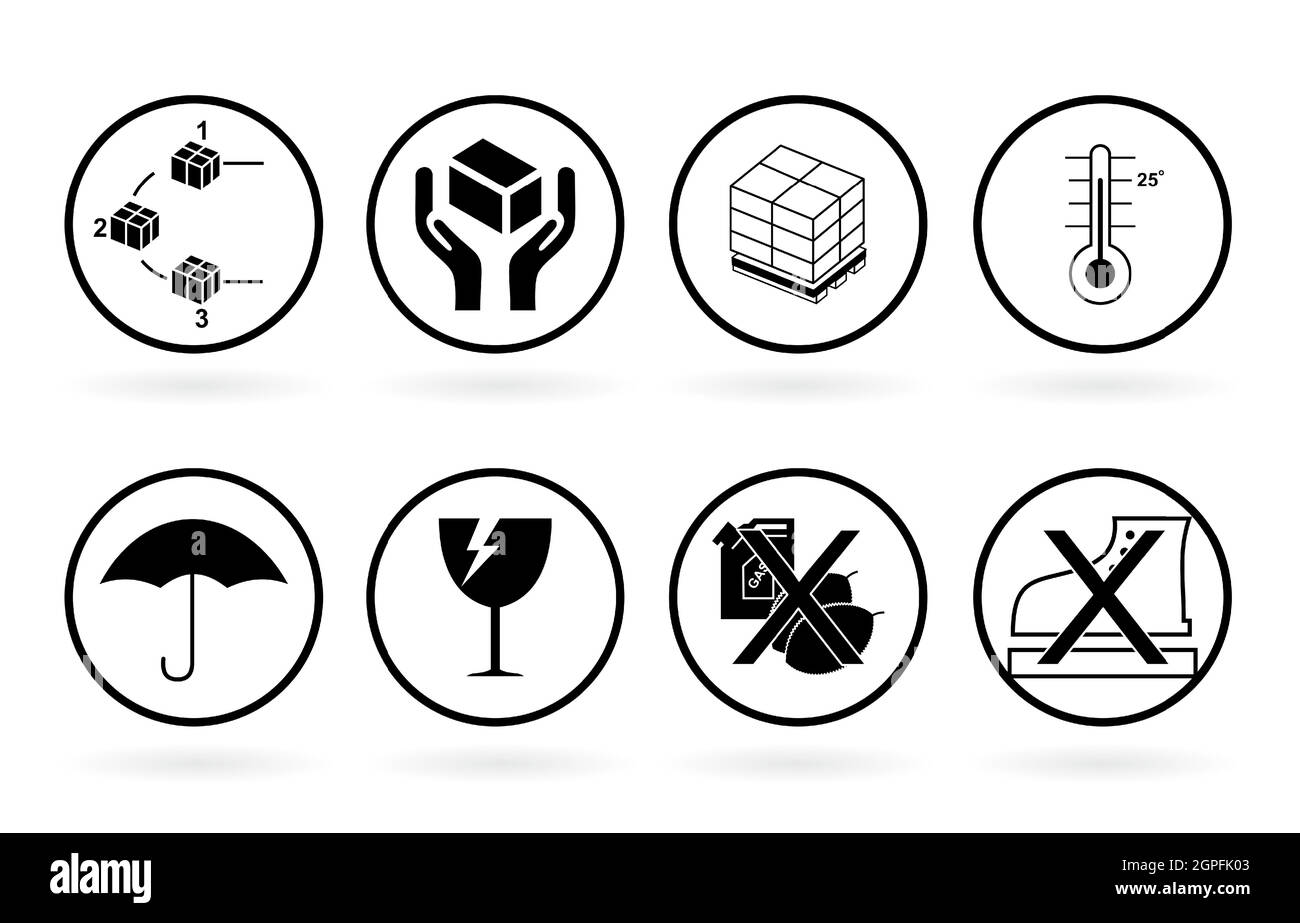 Collection de jeux fragiles de symboles d'emballage. Ensemble d'icônes d'emballage fragiles, à manipuler avec les étiquettes de logistique d'entretien et d'expédition de livraison. Caisse fragile, panneaux d'avertissement de chargement Illustration de Vecteur
