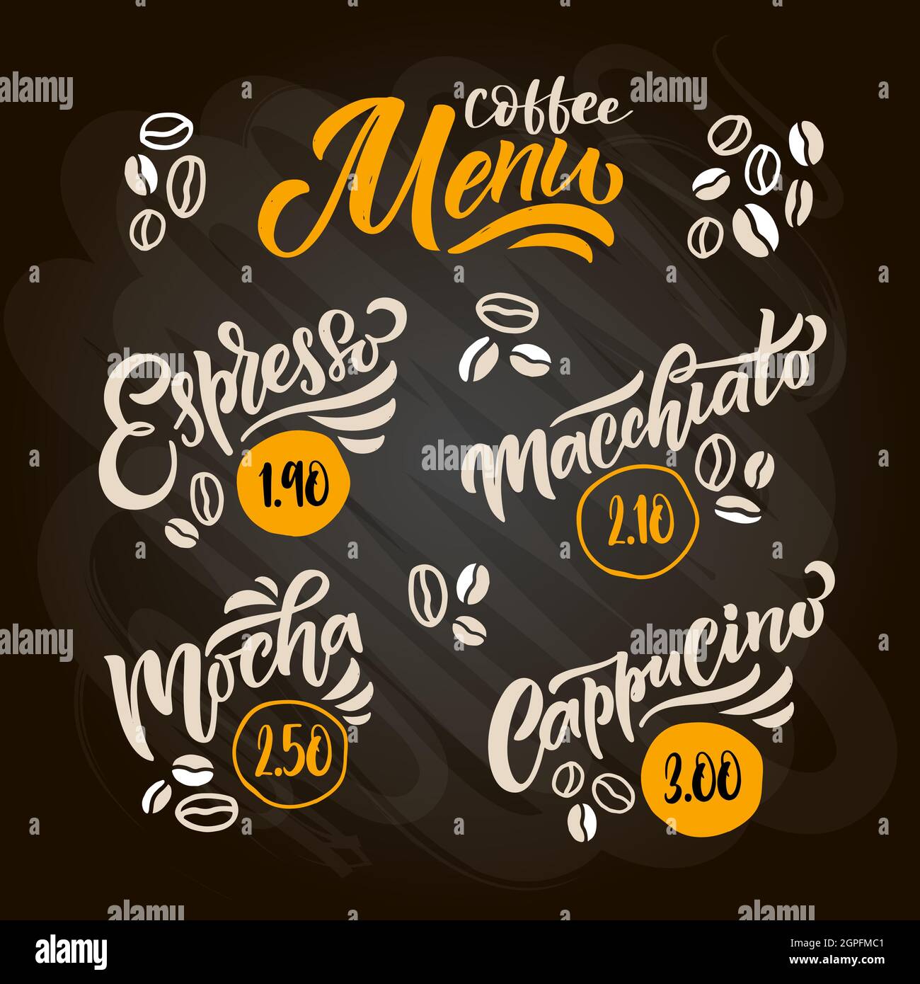 Lettrage au menu du café, tasse à café à emporter. Cappuccino moderne calligraphique, espresso, macchiato, moka. Cercueil esquissé à la main. Affiche, bannière Illustration de Vecteur