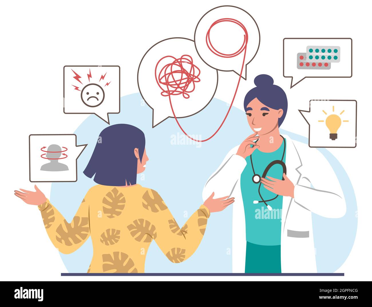 Médecin psychologue parlant au patient, illustration vectorielle plate.Psychothérapie, santé mentale, counseling psychiatre. Illustration de Vecteur