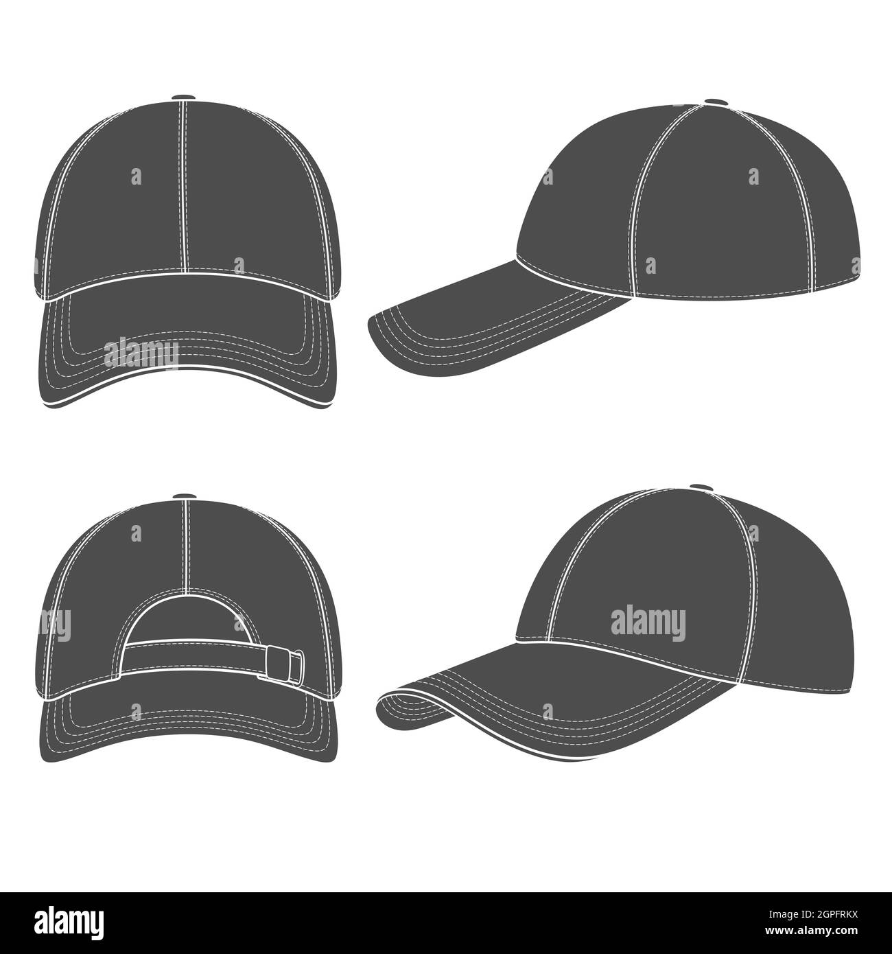 Jeu d'illustrations noir et blanc avec casquette de baseball. Objets vectoriels isolés sur fond blanc. Illustration de Vecteur