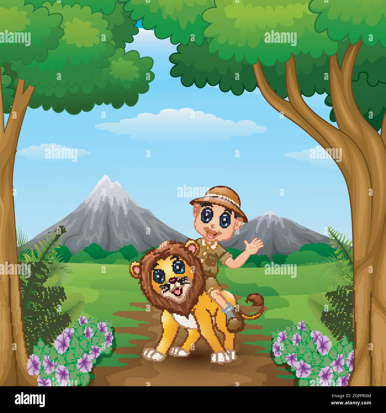 Un garçon de gardien de but et un lion dans la jungle Illustration de Vecteur