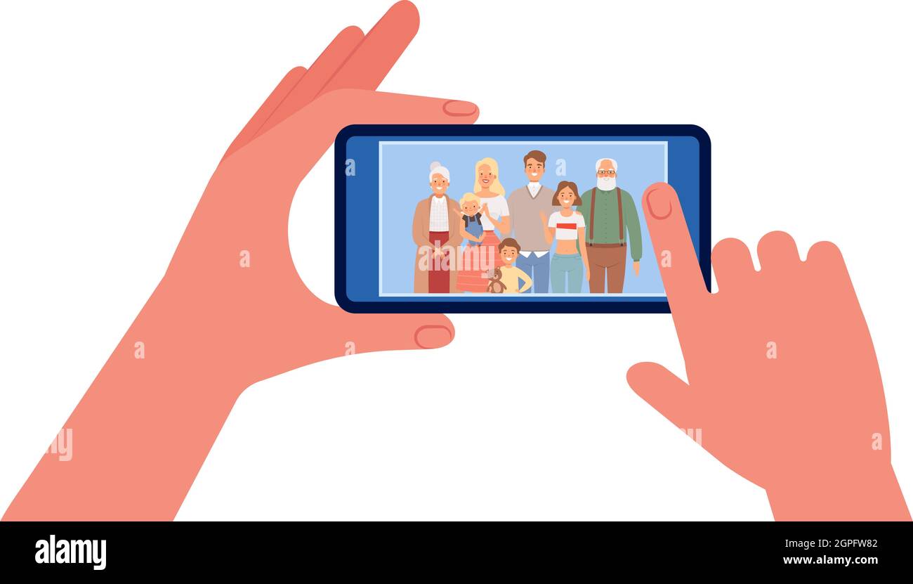 Photo de famille. Mains tenant le smartphone avec l'image des personnes. Illustration du vecteur selfie Illustration de Vecteur