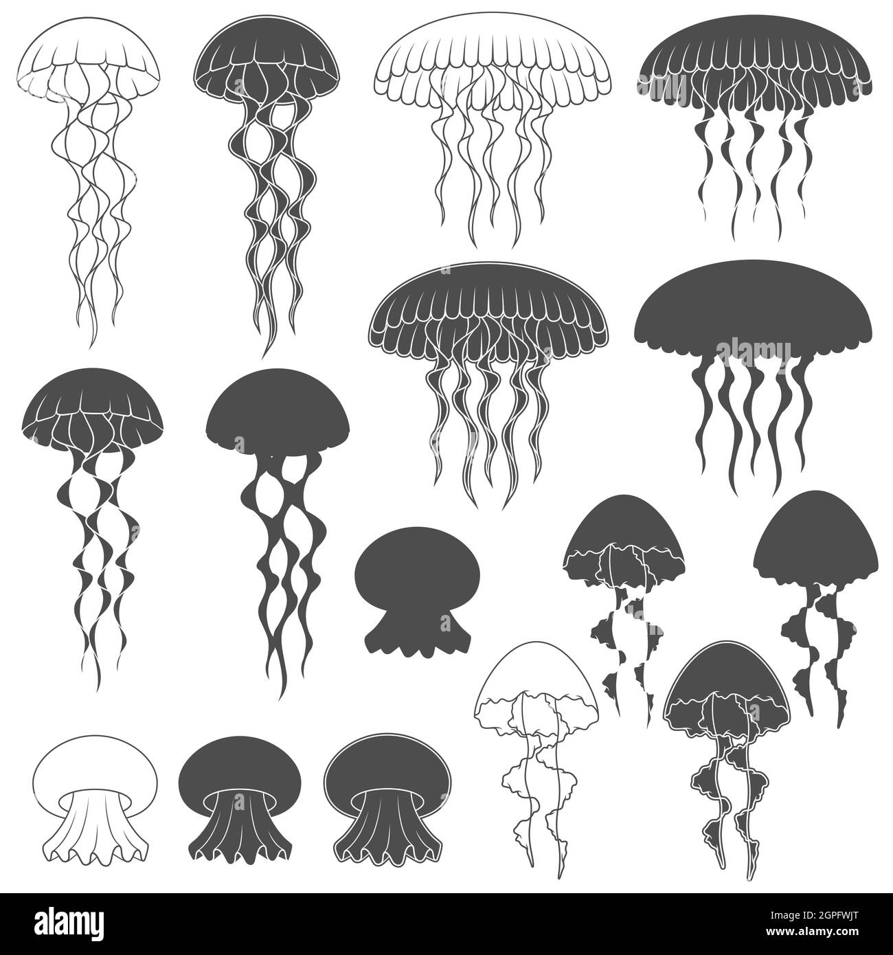 Ensemble d'images en noir et blanc avec méduse. Objets isolés sur fond blanc. Illustration de Vecteur
