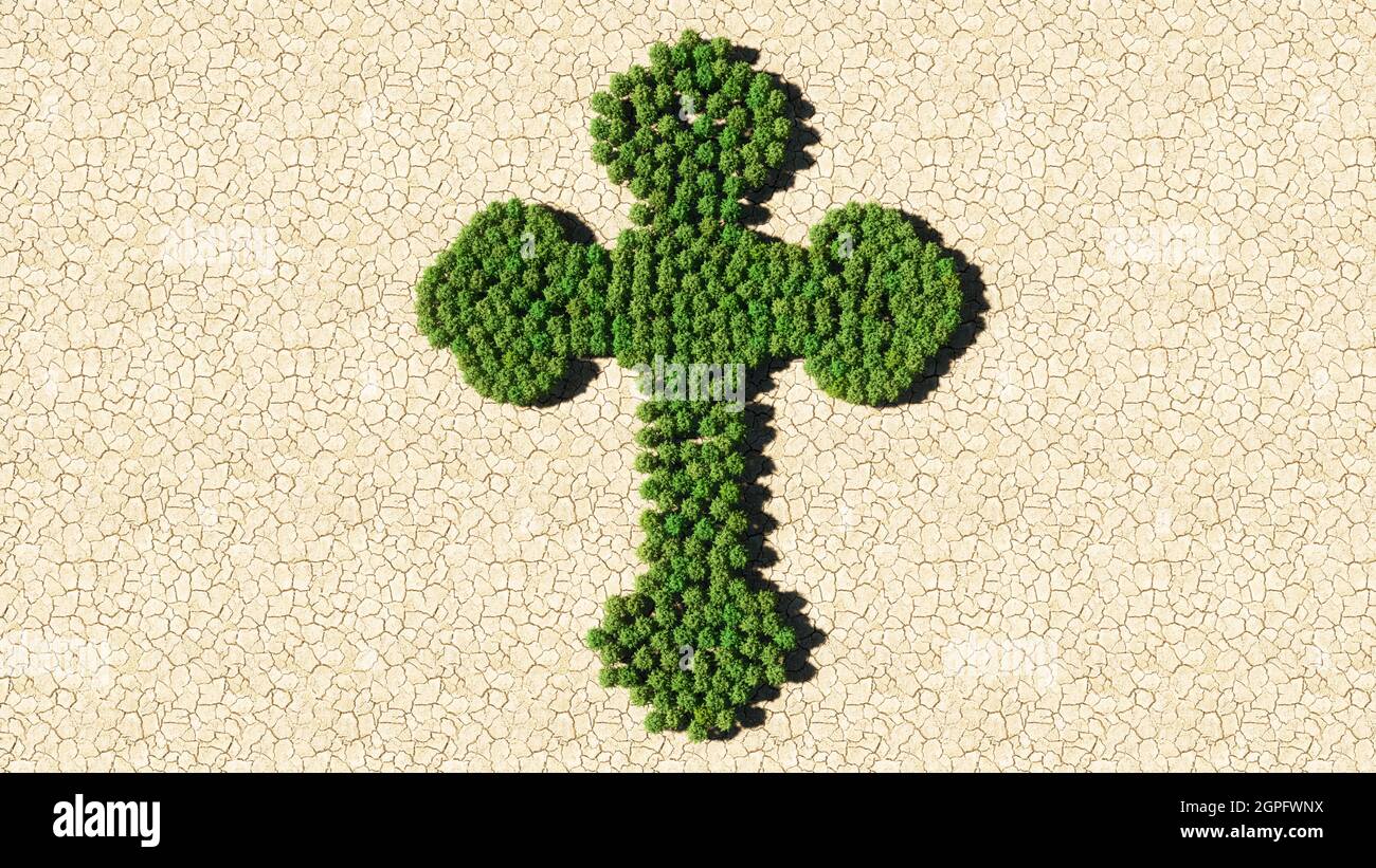 Concept ou groupe conceptuel d'arbre de forêt verte sur fond sec comme signe de la croix chrétienne religieuse. Une métaphore d'illustration 3d pour Dieu Banque D'Images