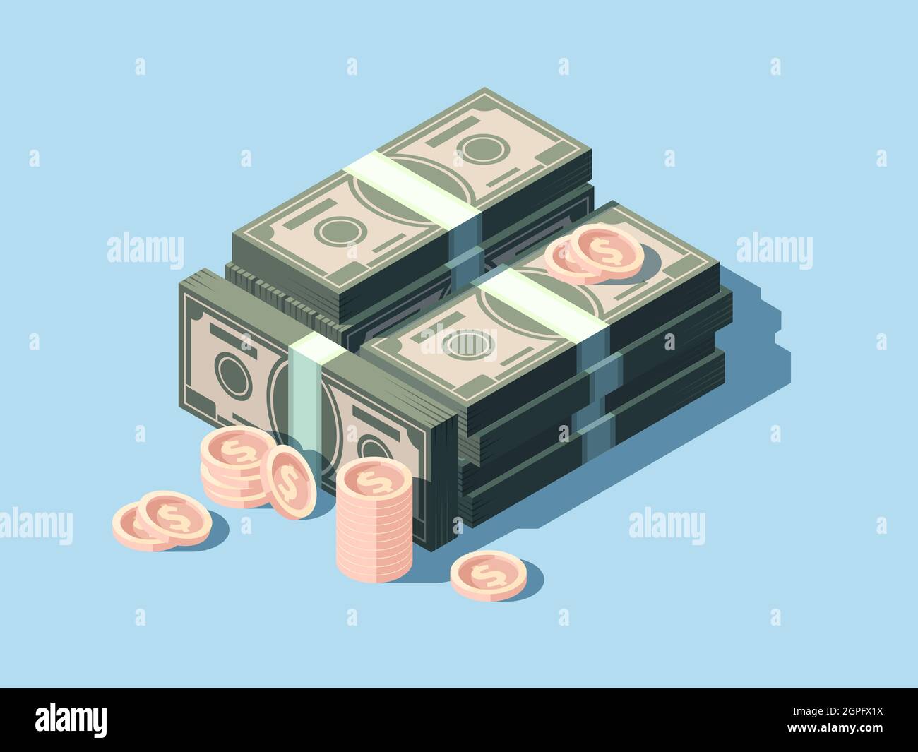 Dollars et pièces. Fond de finance isométrique vectoriel de pile d'argent liquide Illustration de Vecteur Dollars et pièces. Fond de finance isométrique vectoriel de pile d'argent liquide Illustration de Vecteur