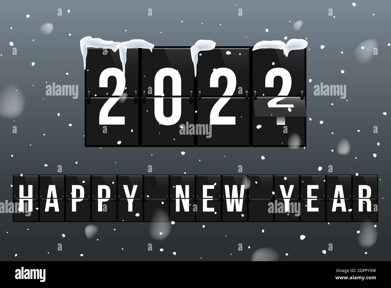 Modèle de carte de vœux vectorielle nouvel an 2022. Modification de 2021 à 2022 dans l'illustration plate du calendrier du tableau à lèvres. Flocons de neige décoratifs sur fond noir. Illustration de Vecteur