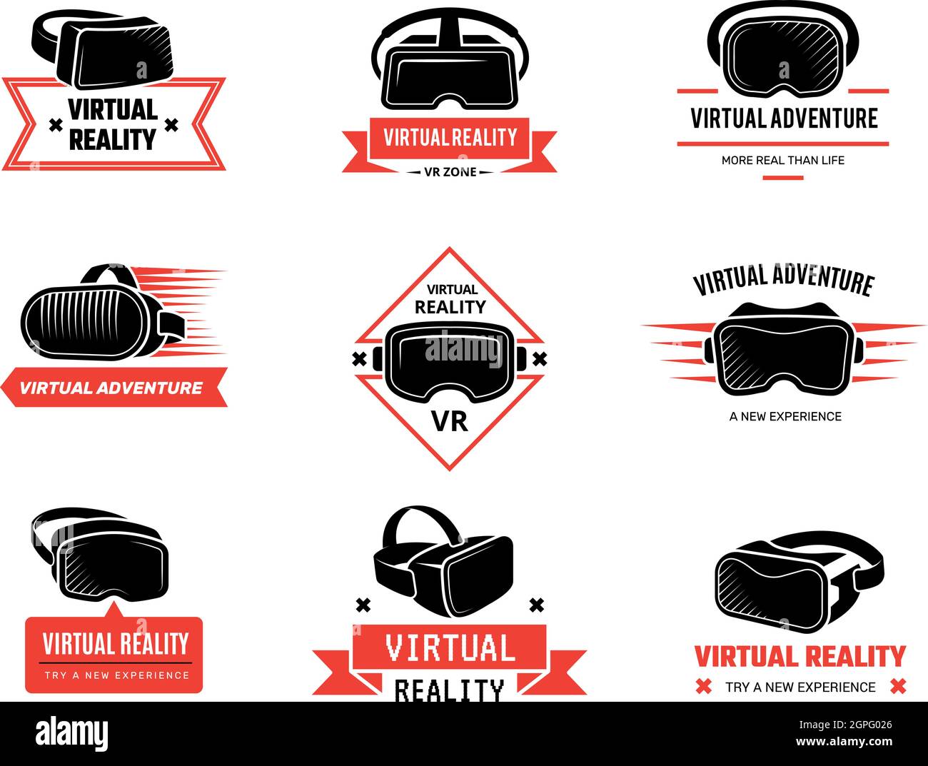 Logo du casque VR. Des badges pour les gamers les jeux vidéo de réalité virtuelle avec micro-casque et micro-casque Illustration de Vecteur