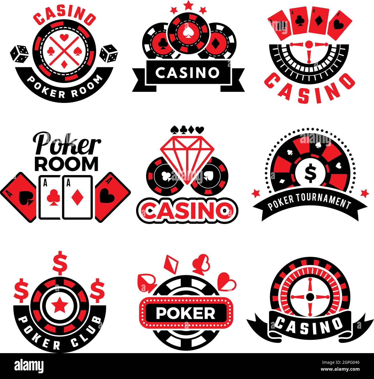 Badges du Casino. Jeu de poker jeu jetons dés images cartes vecteur ensembles d'emblèmes Illustration de Vecteur