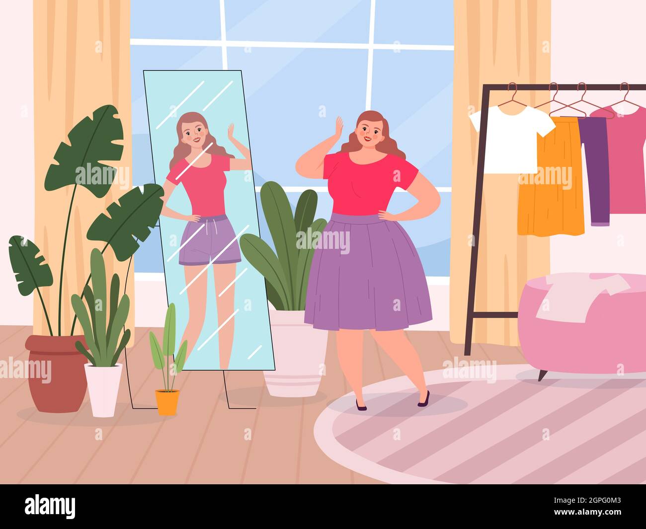Miroir femme. Grande dame debout devant de miroir de fitness filles vecteur heureux personnage Illustration de Vecteur