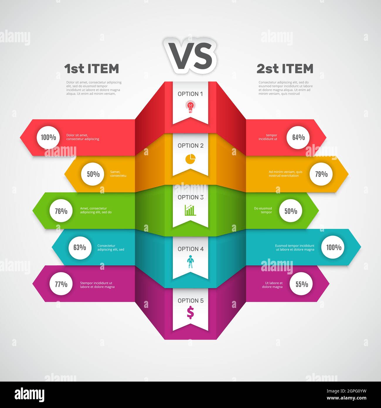Infographie de comparaison. Graphique commercial avec éléments de choix ou produits infotable par rapport au graphique de comparaison de vecteur artistique Illustration de Vecteur