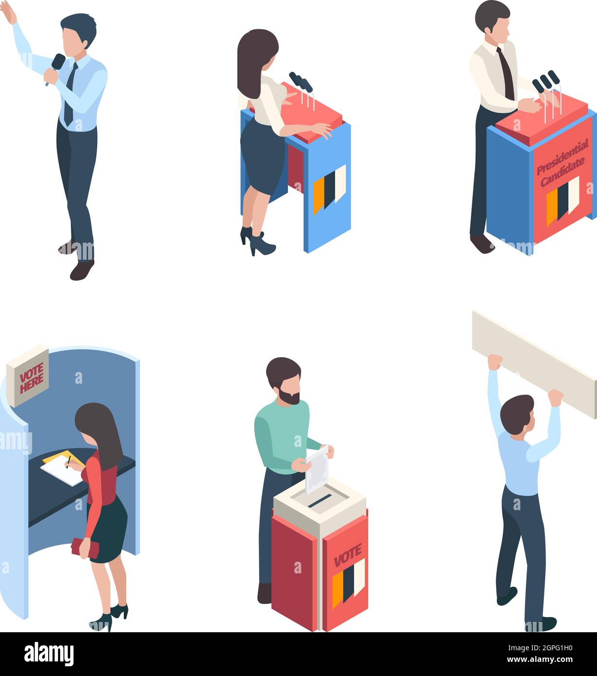 Vote isométrique. Le peuple politique orateurs reporter la campagne de vote personnages vectoriels choix politique Illustration de Vecteur
