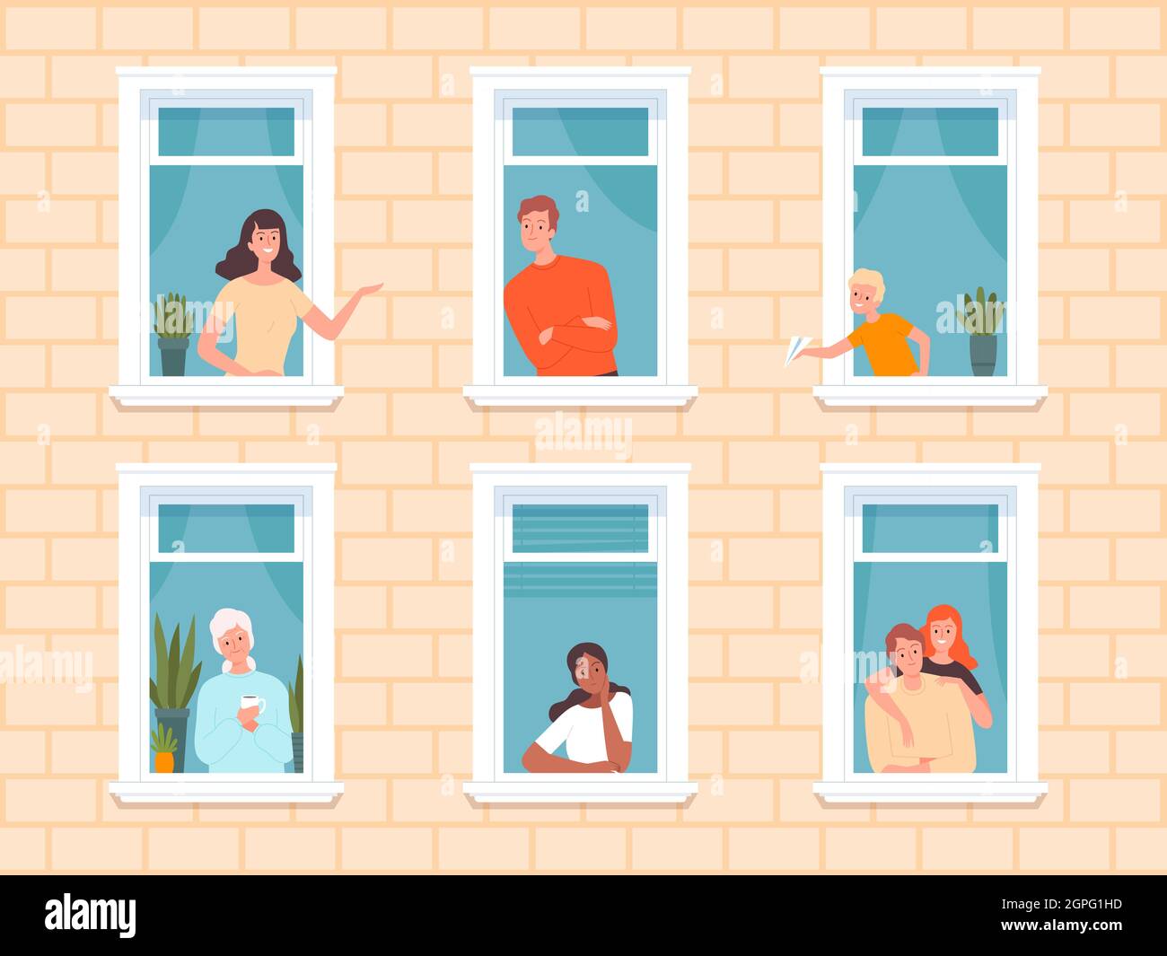 Fenêtre personnes. Les personnages des quartiers heureux qui regardent des fenêtres encadrent dans une grande maison debout près des murs et des rideaux. Personnes vectorielles Illustration de Vecteur