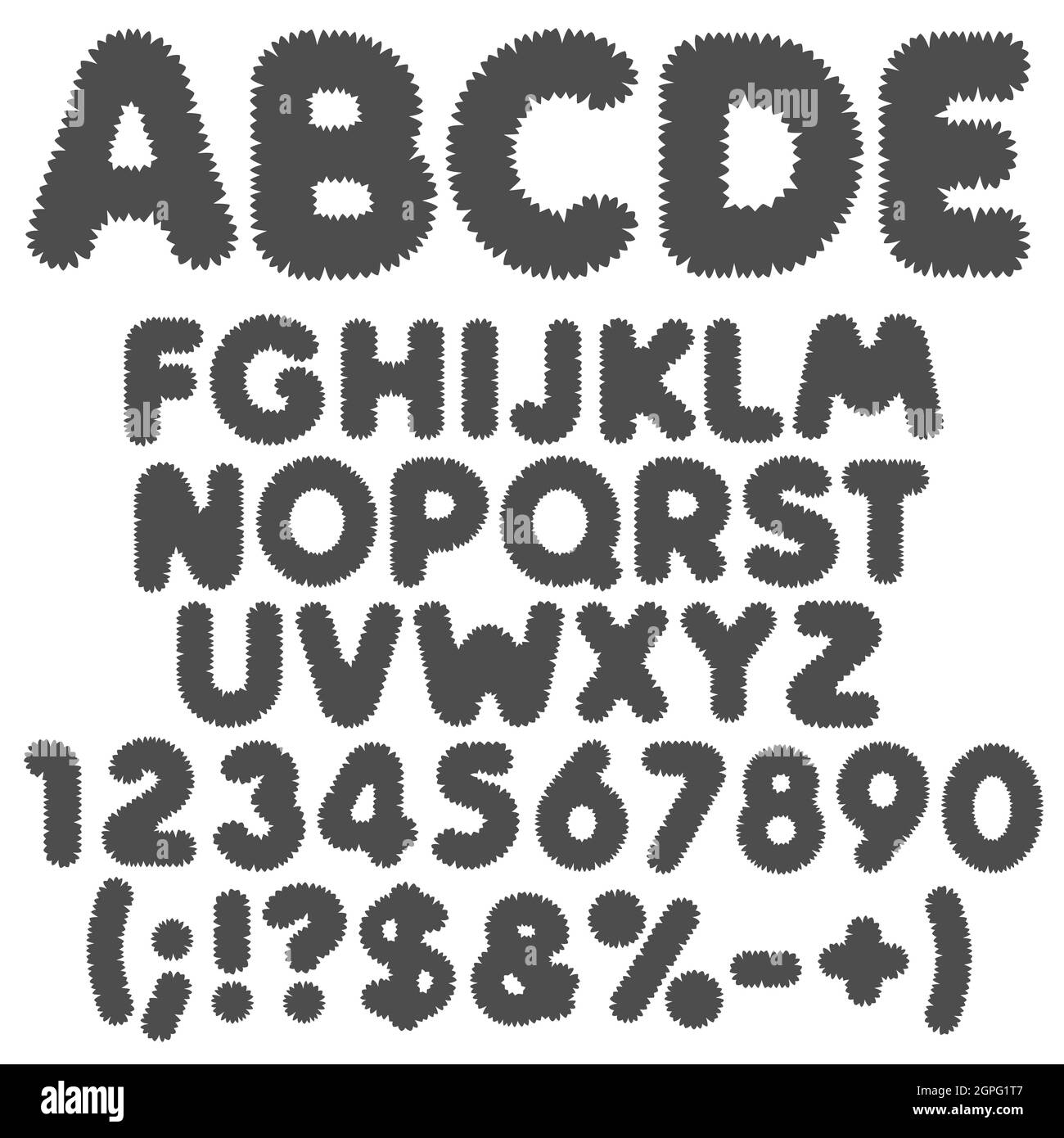 Alphabet, lettres, chiffres et signes Shaggy en noir et blanc. Objets vectoriels isolés sur fond blanc. Illustration de Vecteur
