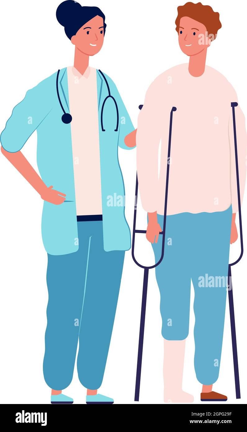 Chirurgie ou traumatologie. Médecin consultant le patient avec une jambe en gypse. Illustration vectorielle isolée du personnel médical, de l'infirmière et du jeune homme Illustration de Vecteur