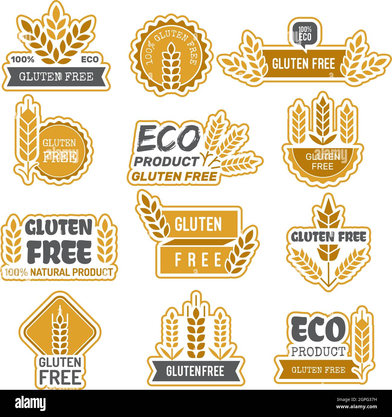 Badges sans gluten. ECO bio ferme produits naturels frais étiquettes adhésives pour emballages sans gluten dans les symboles vecteur alimentaire Illustration de Vecteur
