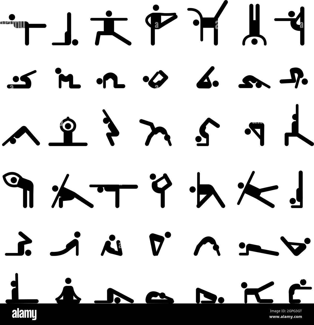Bâton de yoga gens. Exercices de sport personne flexible différentes poses de yoga de base symboles vecteur silhouettes de personnages de figures simples Illustration de Vecteur
