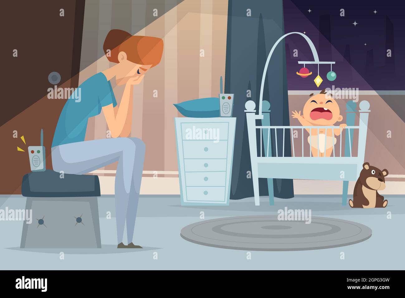 Mere Deprimante Femme Fatiguee Assis Pres De Crier Bebe Dans Le Lit Enfant Malade Vecteur Dessin Anime Arriere Plan Image Vectorielle Stock Alamy