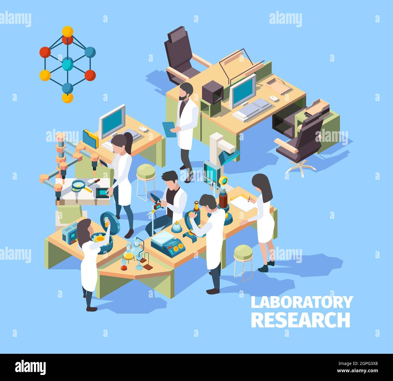 Scientifiques. Laboratorium interior groupe de scientifiques médecins infirmières travaillant en clinique laboratoire vecteur caractères isométriques Illustration de Vecteur