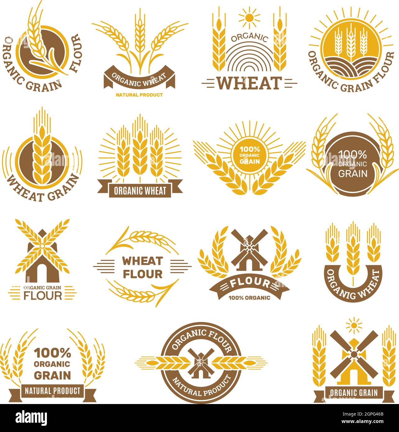 Logo grain de blé. Farine de la ferme nourriture pour le petit déjeuner boutique récolte blé produits traditionnels vecteur badges ensemble Illustration de Vecteur