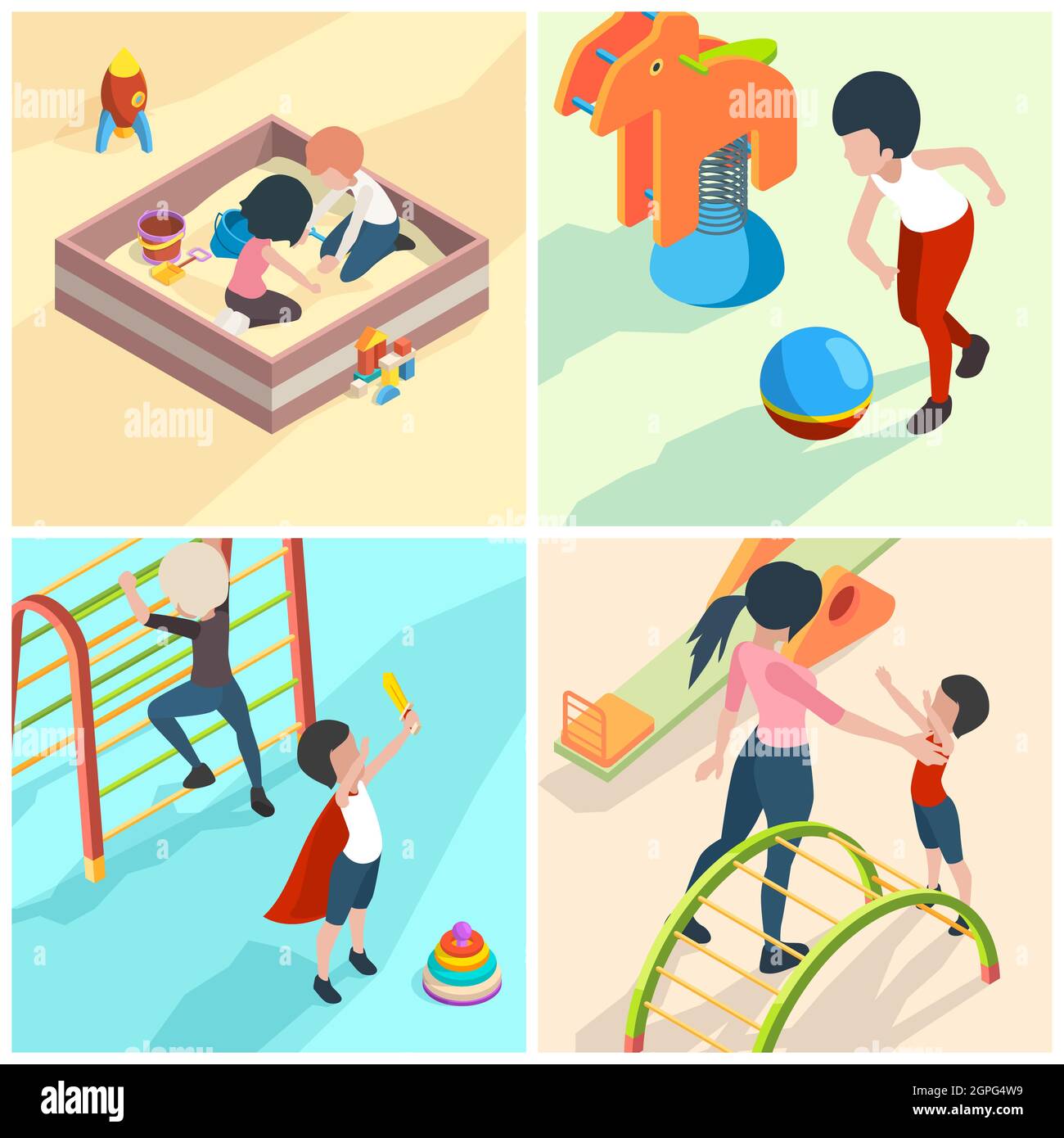 Aire de jeux pour enfants. Nanny babysitter enseignant adulte en maternelle jouant des jouets enfants équipement préscolaire pour le vecteur de jeu isométrique Illustration de Vecteur