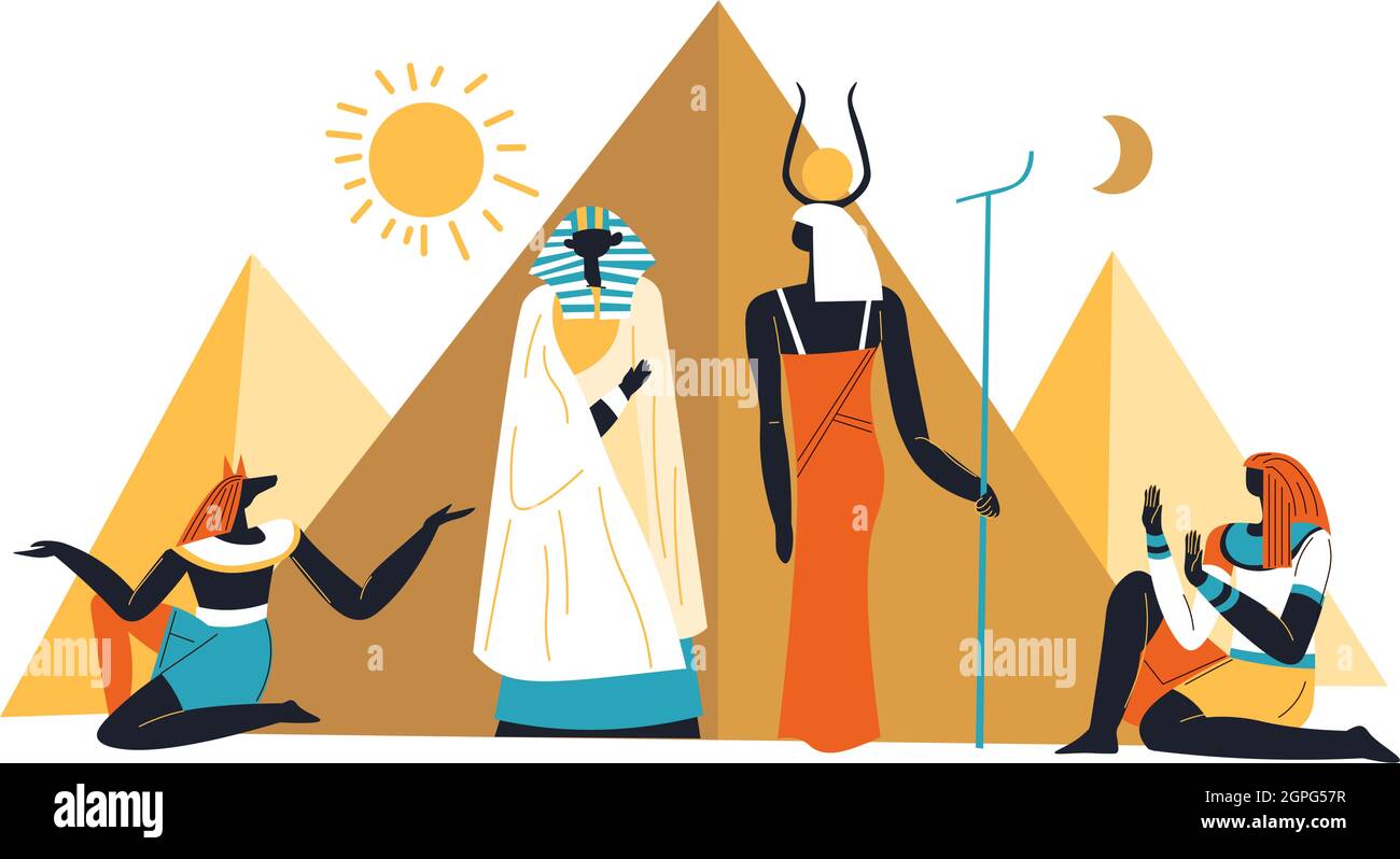 Pyramides égyptiennes, soleil et vecteur de divinités anciennes Illustration de Vecteur