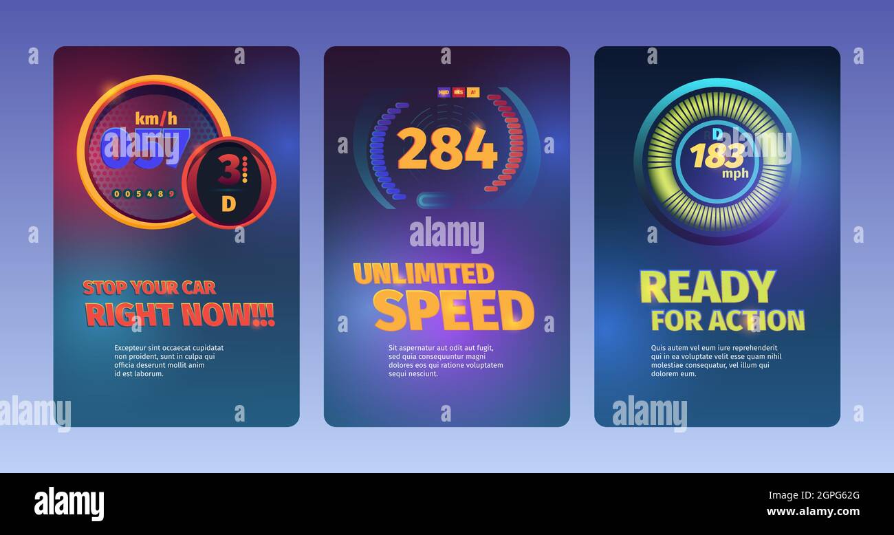 Bannières de vitesse. Voitures de course illustrations abstraites avec indicateurs de vitesse et de niveau de carburant, fond de tableau de bord vectoriel en couleur Illustration de Vecteur
