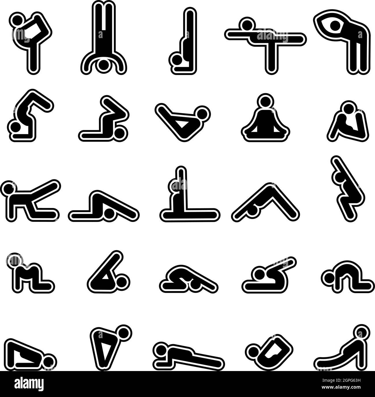 Personnages de yoga. Des silhouettes simples stylisées de personnes en yoga poses une posture étirant des symboles d'exercice vectoriels Illustration de Vecteur