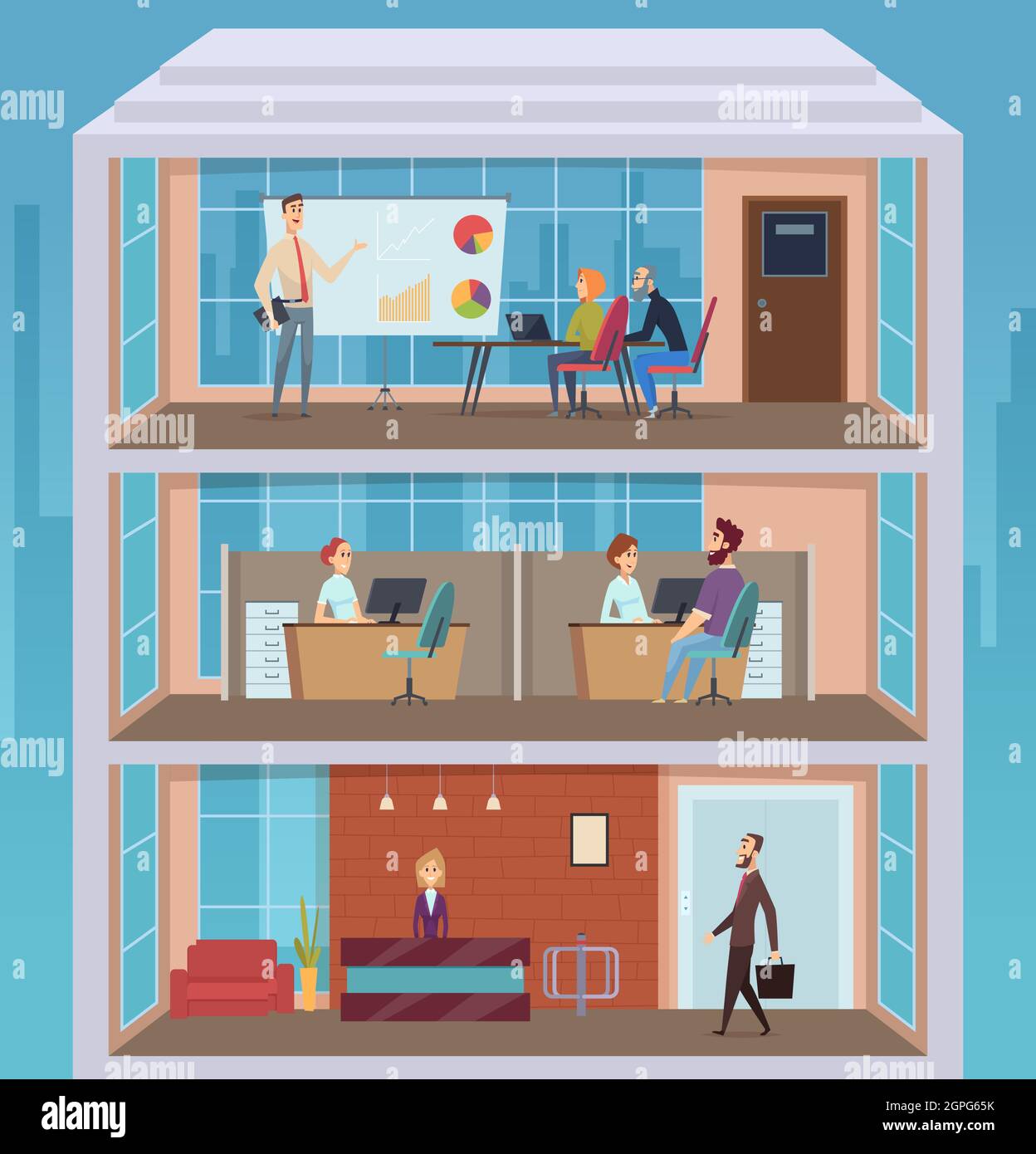 Centre d'affaires. Bâtiment de bureau personnes occupées activité quotidienne ouvrir espace de travail gestionnaires d'entreprise bâtiment transversal plancher fond vectoriel Illustration de Vecteur