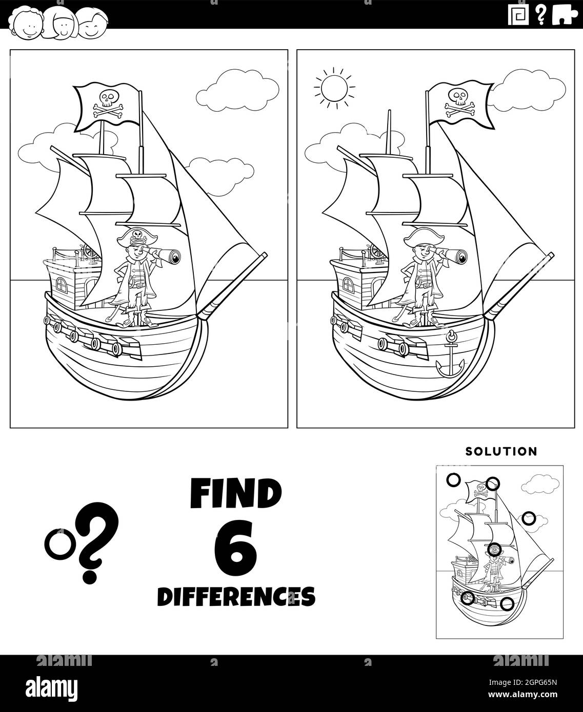 différences jeu éducatif avec la page de livre de coloriage de pirate Illustration de Vecteur