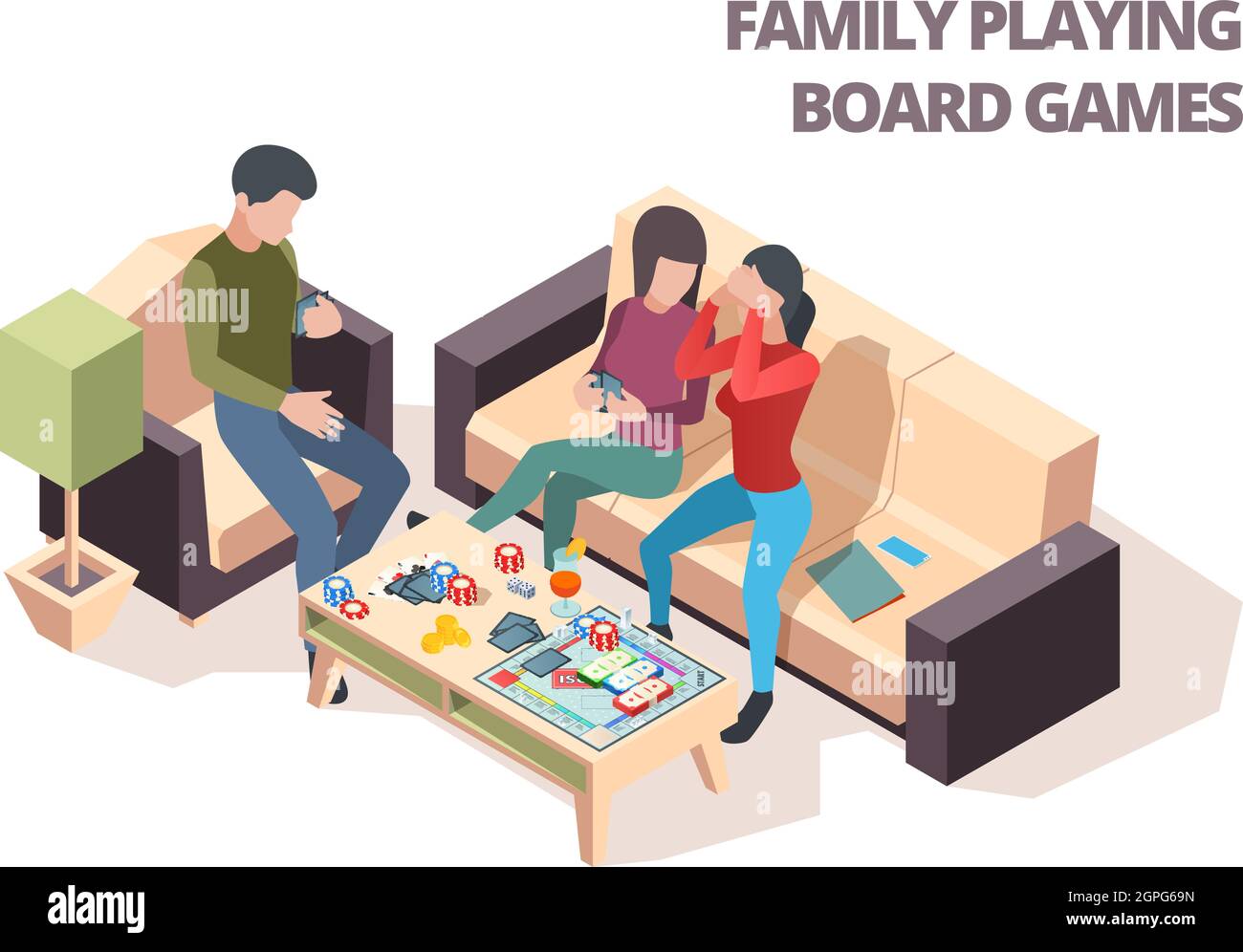 Jeu de société familial. Cartes Monopoly échecs maison loisirs jouant vecteur isométrique heureux personnes Illustration de Vecteur