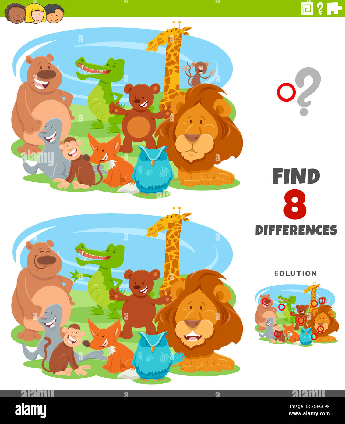différences jeu éducatif avec les animaux de dessin animé Illustration de Vecteur