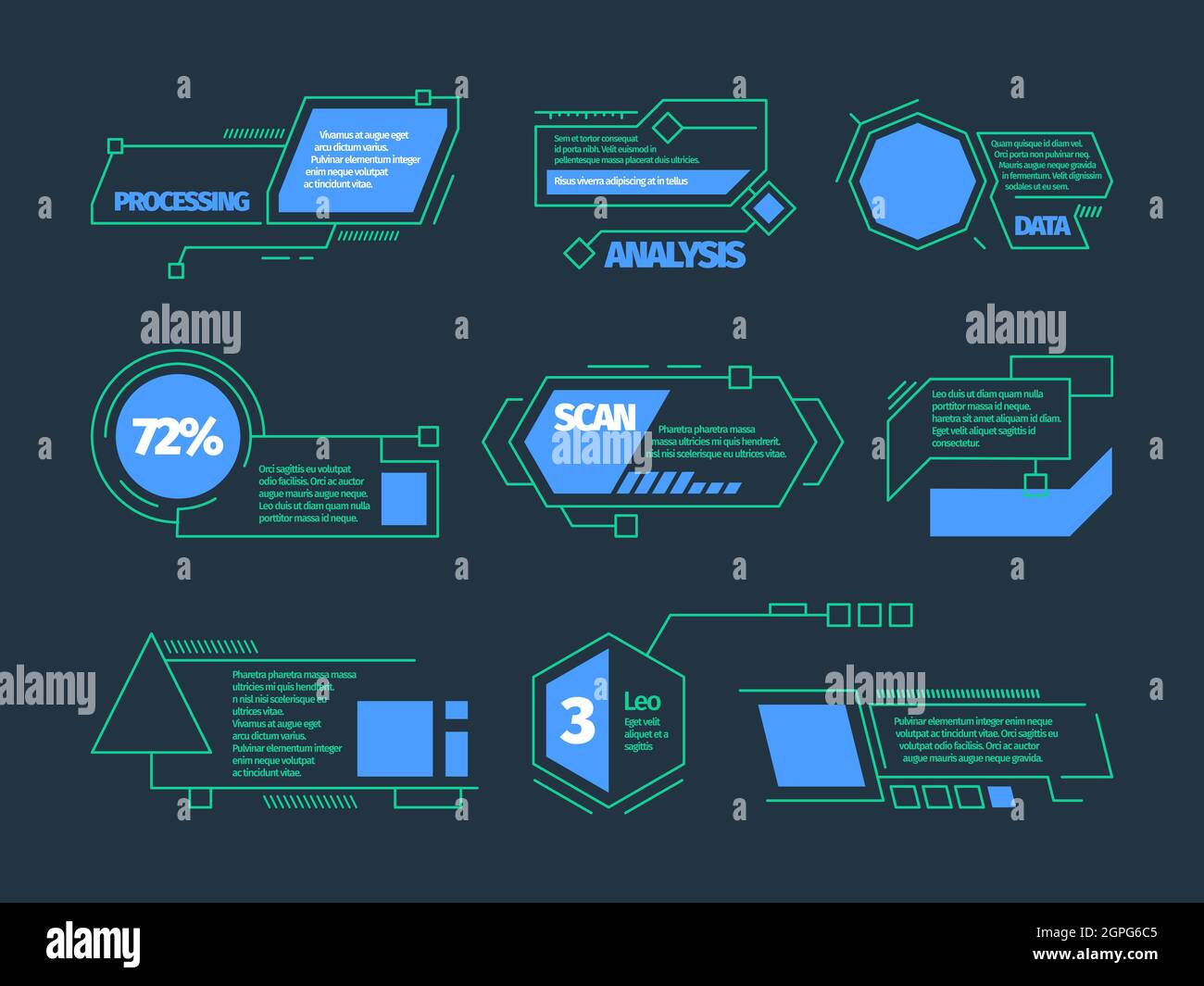 Légendes HUD. Future Technology frame barres techniques boîtes vector collection de textes numériques Illustration de Vecteur