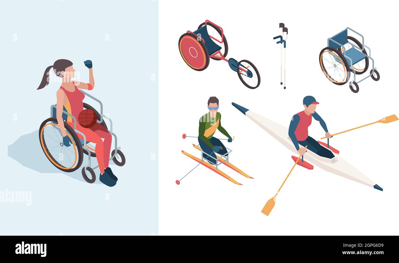 Personnages paralympiques. Sportifs handicapés athlètes hommes et femmes dans les jeux olympiques d'été vecteur personnes isométriques Illustration de Vecteur