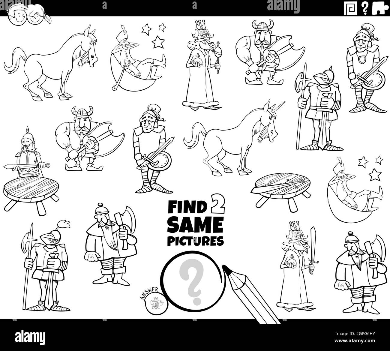 trouvez deux mêmes personnages de conte de fées jeu coloriage livre page Illustration de Vecteur
