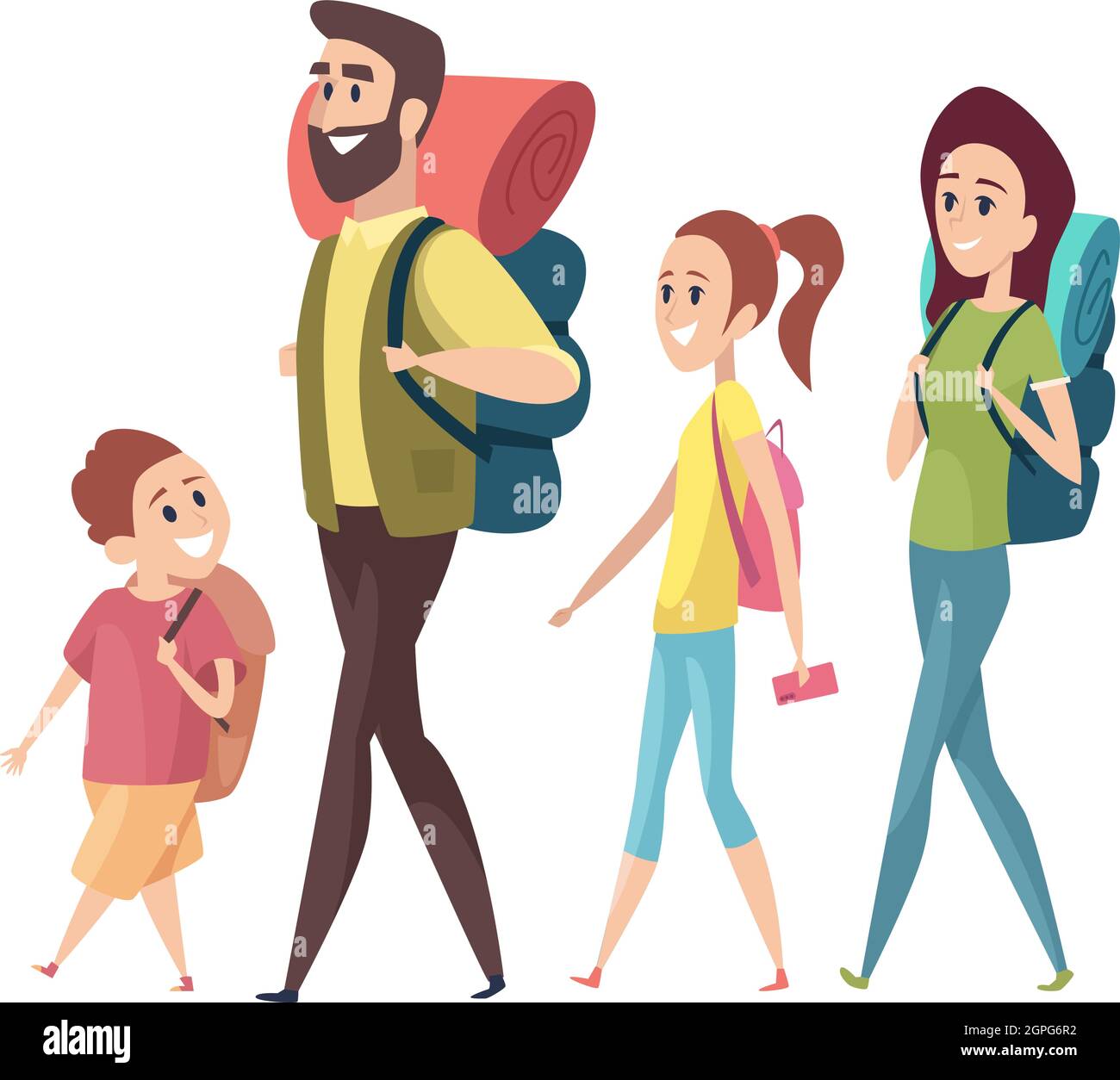 Randonnée. Maman papa fille fils avec sacs à dos. Illustration vectorielle de vacances ou de voyage en famille de personnages de touristes isolés Illustration de Vecteur