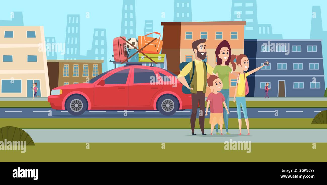 Voyage en famille. Bonne maman papa et enfants faisant le selfie dans la rue de la ville. Voyagez ensemble sur l'illustration du vecteur de voiture Illustration de Vecteur