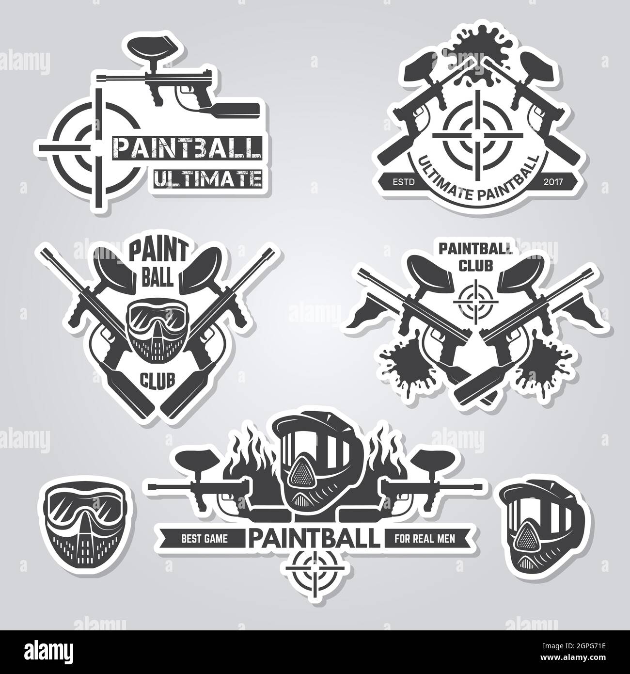 Étiquettes de paintball. Badges de sport jeux actifs avec arme à feu et de tir de peinture équipe étiquettes vector logos collection Illustration de Vecteur