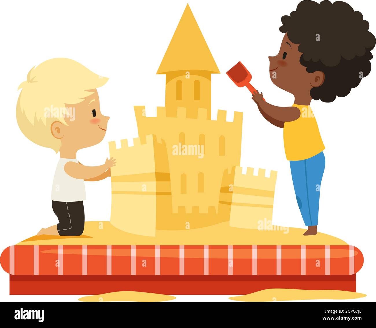 Garçons construisant château de sable. Les enfants jouent ensemble, concept d'amitié multiculturelle. Illustration vectorielle de dessin animé isolée pour enfants Illustration de Vecteur