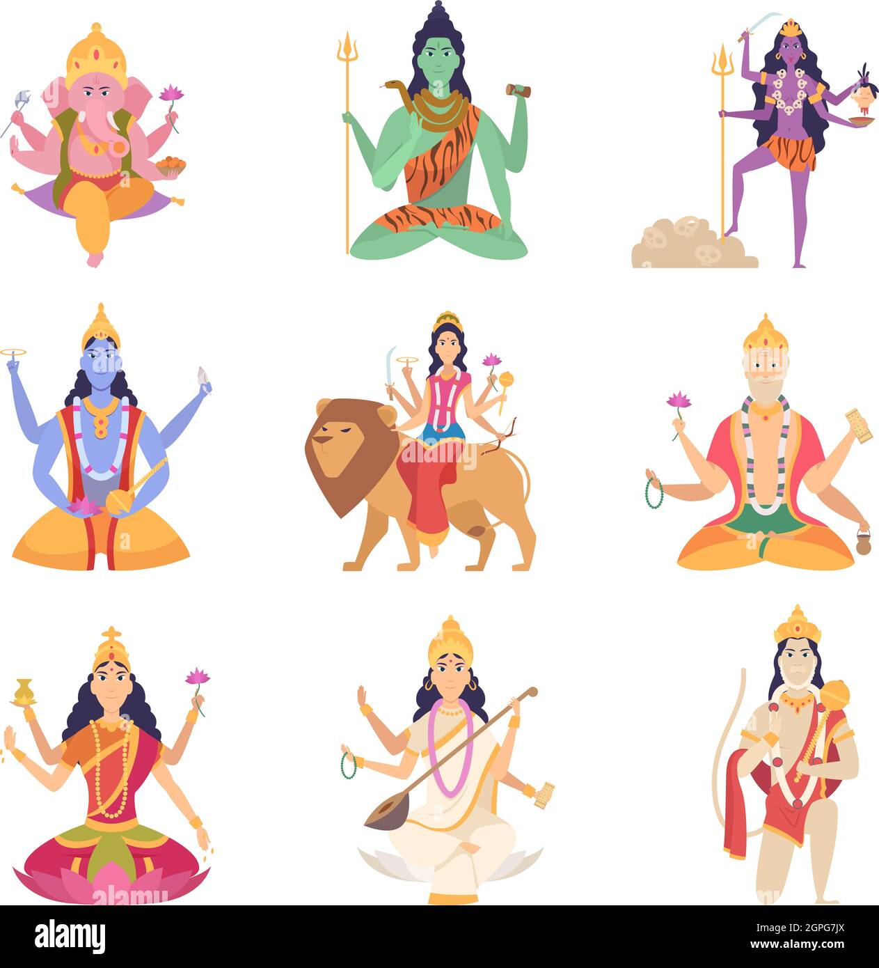 Personnages indiens dieux. Mascottes fantaisie de la culture indienne vishnu ganesha lakshmi illustrations vectorielles Illustration de Vecteur